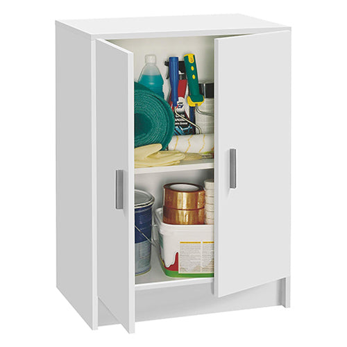 Armario bajo Habitdesign blanco con 1 puerta abierta y con enseres en su interior sobre fondo blanco