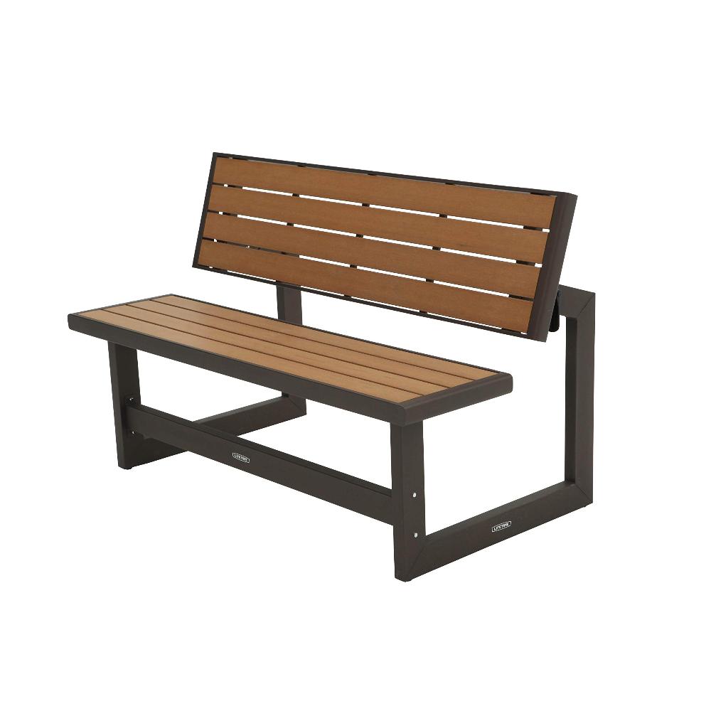 Banco de jardín con respaldo abatible como mesa de polietileno resistente UV color madera Lifetime