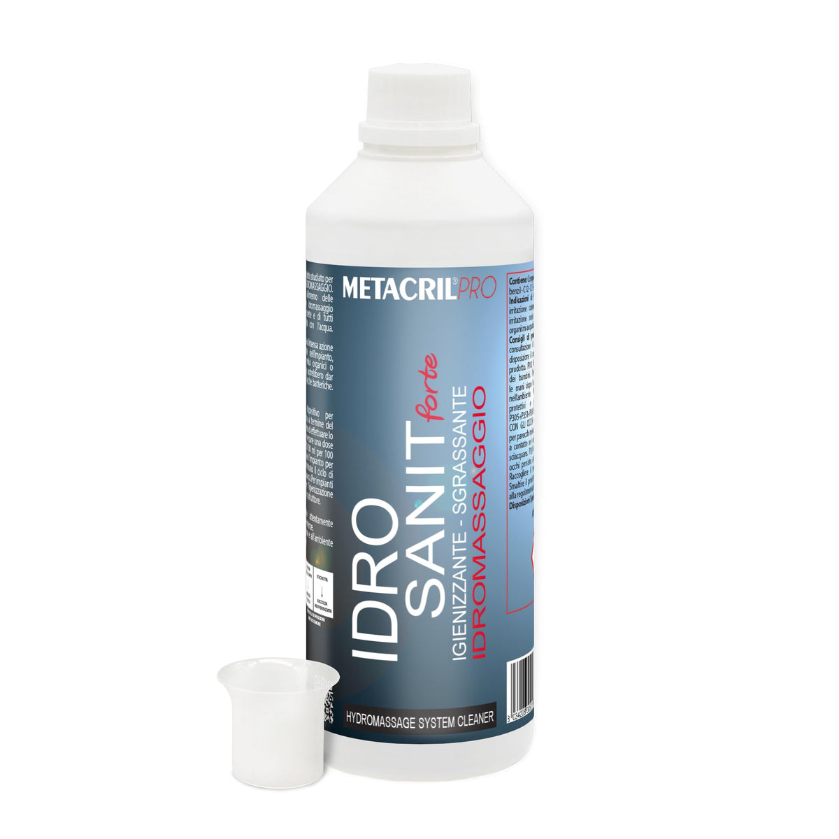Botella desinfectante y sanificante para hidromasaje Idro Sanit Forte de Metacril de 500 ml + Dosificador Graduado sobre fondo blanco