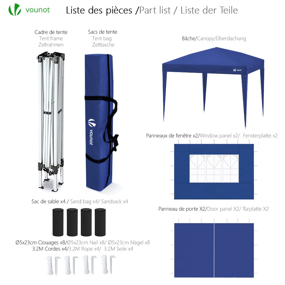 Set descriptivo completo de piezas de la carpa gazebo para jardín azul estructura plegada, bolsa de transporte, paredes laterales, piquetas y pesos sobre fondo blanco