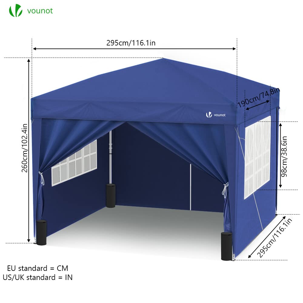 Medidas de la carpa gazebo para jardín azul sobre fondo blanco