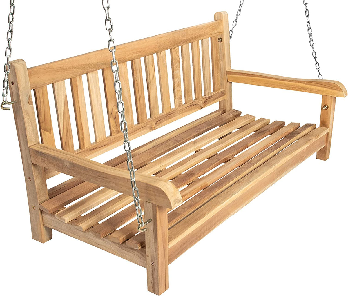 Columpio de jardín de 2 plazas de Madera de Teca Maciza, Ideal para jardín y terraza, Junado Susana. 120 cm. Vista de escorzo. Sam