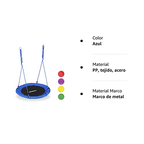 Características del Columpio nido azul y negro disponible en 4 colores más sobre fondo blanco Relaxdays