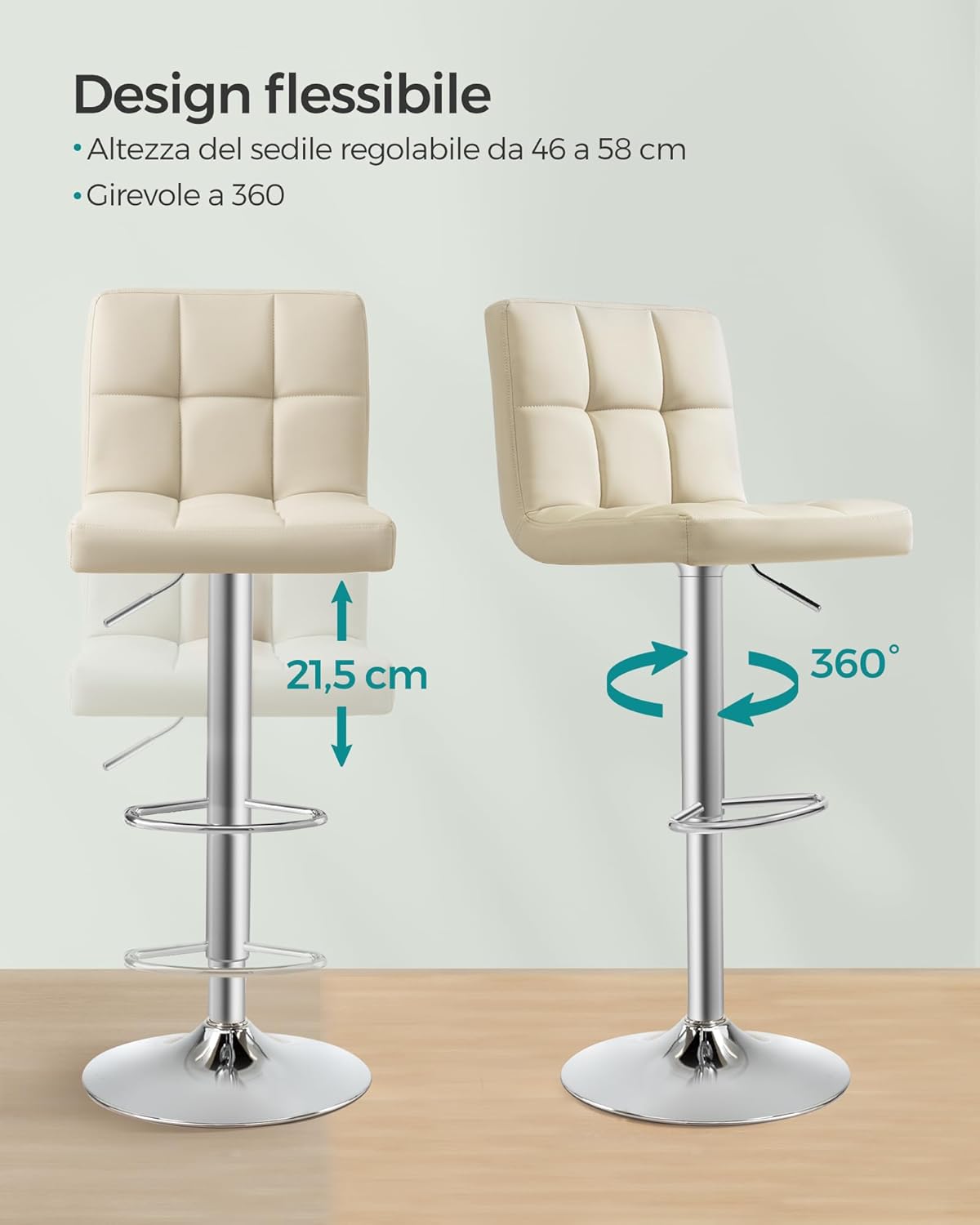 2 Taburetes beige altos de cocina con respaldo y Reposapiés, Regulables en Altura en Piel Sintética, Giratorio 360°, Acero Cromado. Detalles de regulación de altura y giro 360º SONGMICS