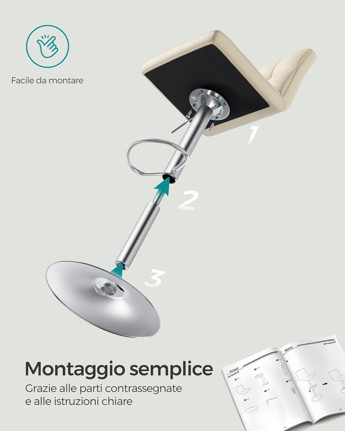 2 Taburetes beige altos de cocina con respaldo y Reposapiés, Regulables en Altura en Piel Sintética, Giratorio 360°, Acero Cromado. Detalle de montaje. SONGMICS