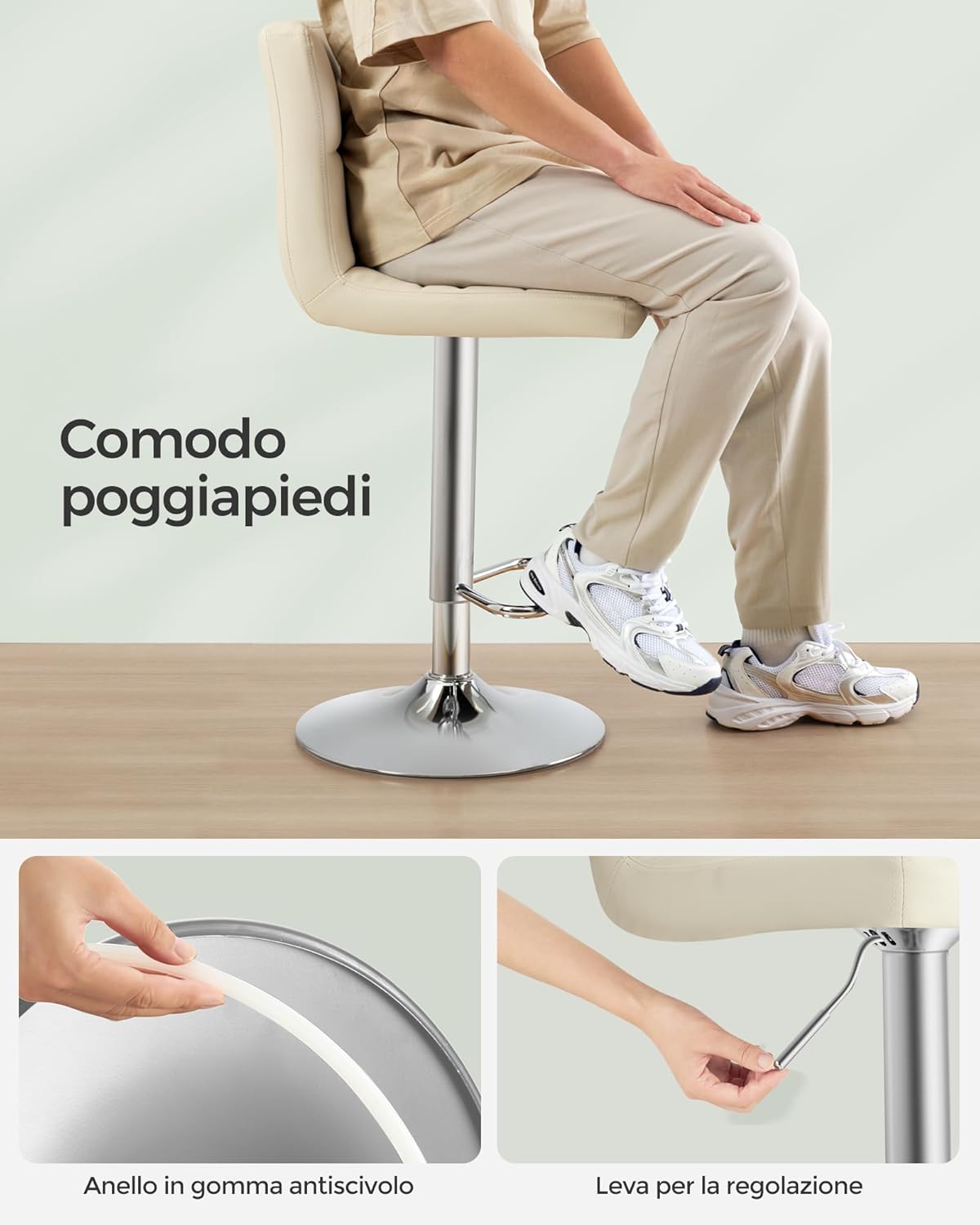 2 Taburetes beige altos de cocina con respaldo y Reposapiés, Regulables en Altura en Piel Sintética, Giratorio 360°, Acero Cromado. Detalle de reposapiés. SONGMICS