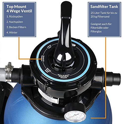 Características de Depuradora 10200 l/h Bomba de Filtro de Arena con válvula con 4 Funciones Filtro de Agua para Piscina. Azul y Negro Monzana| maxjardin