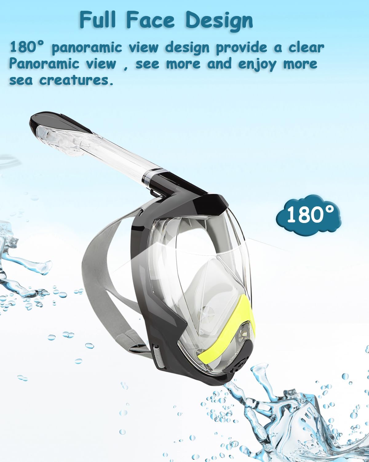 Detalle de diseño de cara completa de la máscara de buceo y snorkel azul para adultos y niños Flyboo