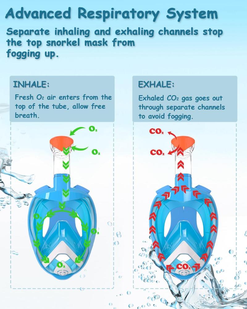 Detalle del sistema avanzado de respiración de la máscara de buceo y snorkel azul para adultos y niños Flyboo