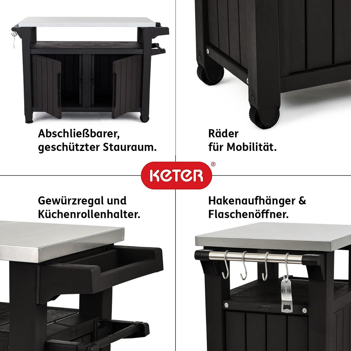 Detalles del Mueble auxiliar para Barbacoa grande para jardín, Color marrón. Unity XL de Keter