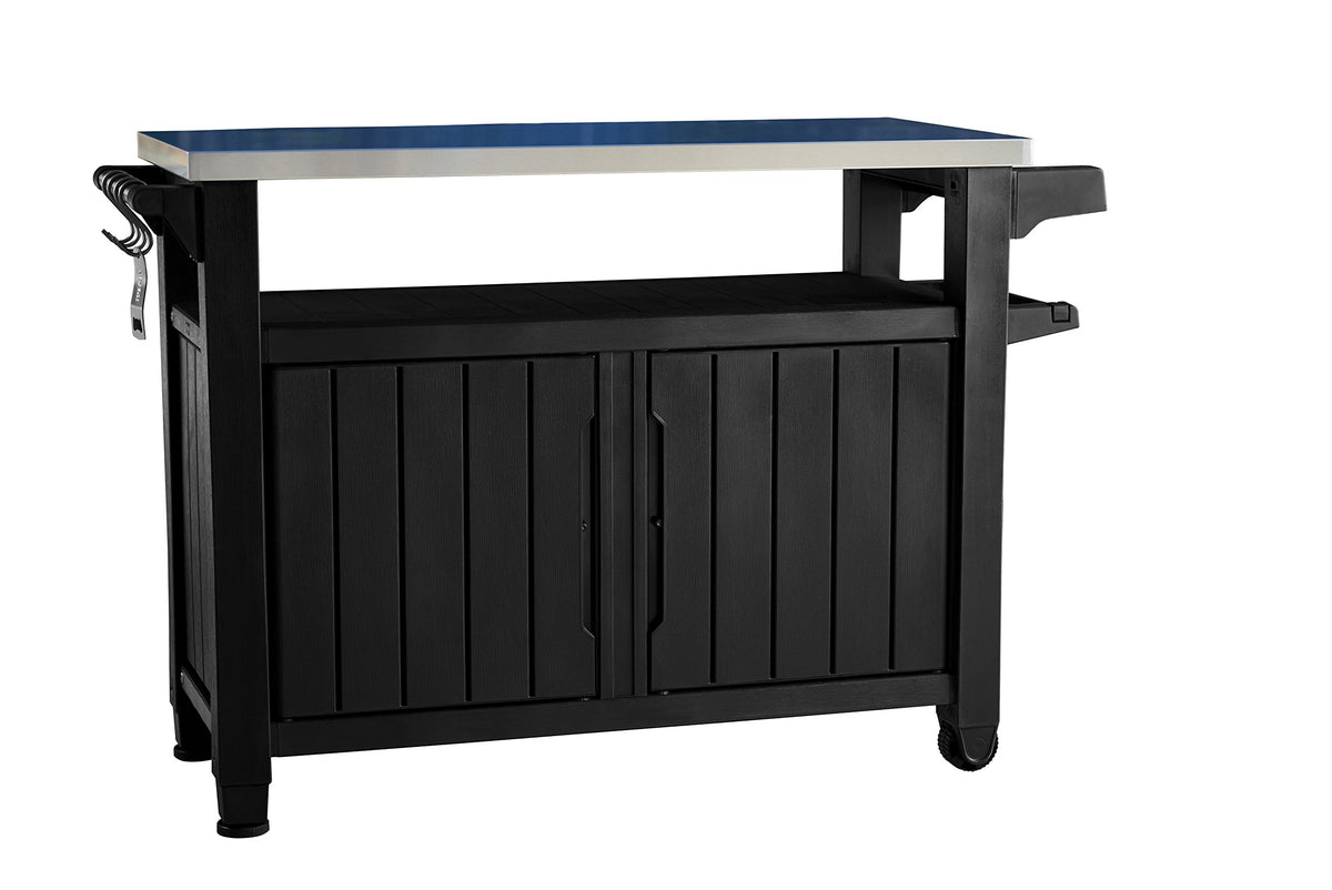 Vista general del Mueble auxiliar para Barbacoa grande para jardín, Color marrón. Unity XL de Keter