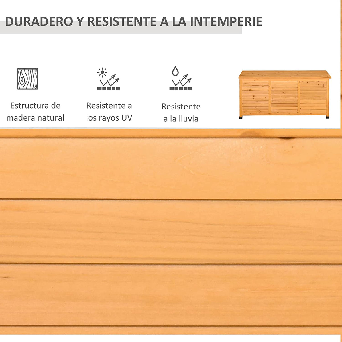 Duradera y resistente a la intemperie la Caja de Almacenamiento de Madera para Exterior con Tapa y Diseño tipo Persiana 127x56x60 cm Color natural. Vista general con tapa abierta. Outsunny