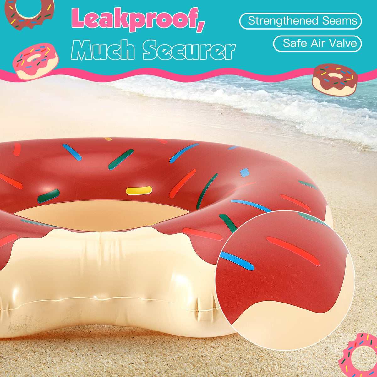 Flotador Infantil color chocolate con diseño de donut mordido con detalle del diseño en ambiente de playa
