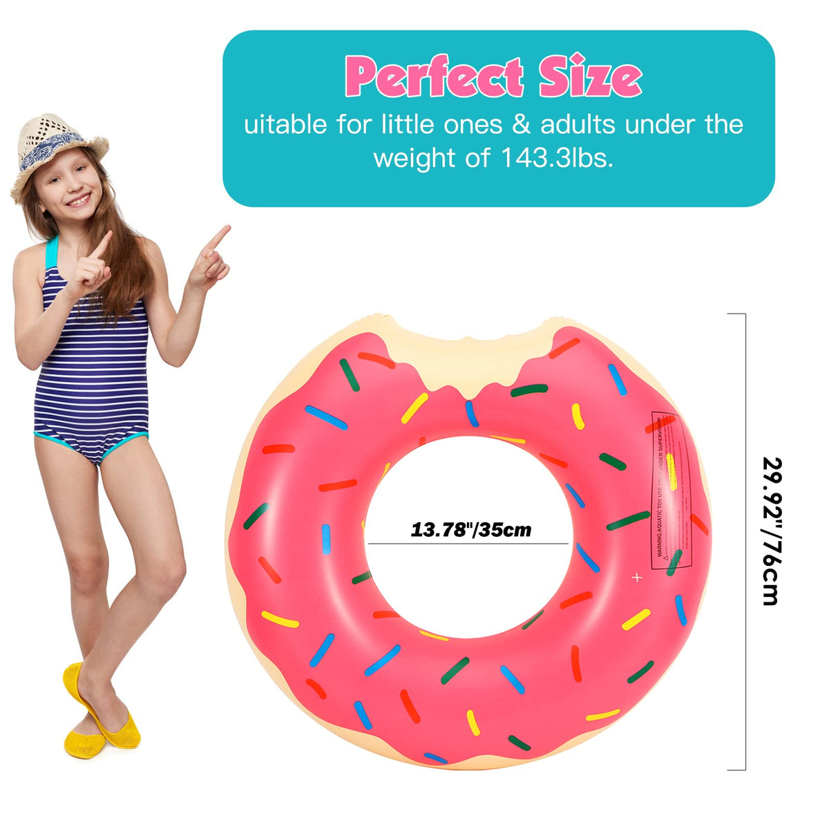 Flotador Infantil color fresa con diseño de donut mordido con niña y medidas sobre fondo blanco