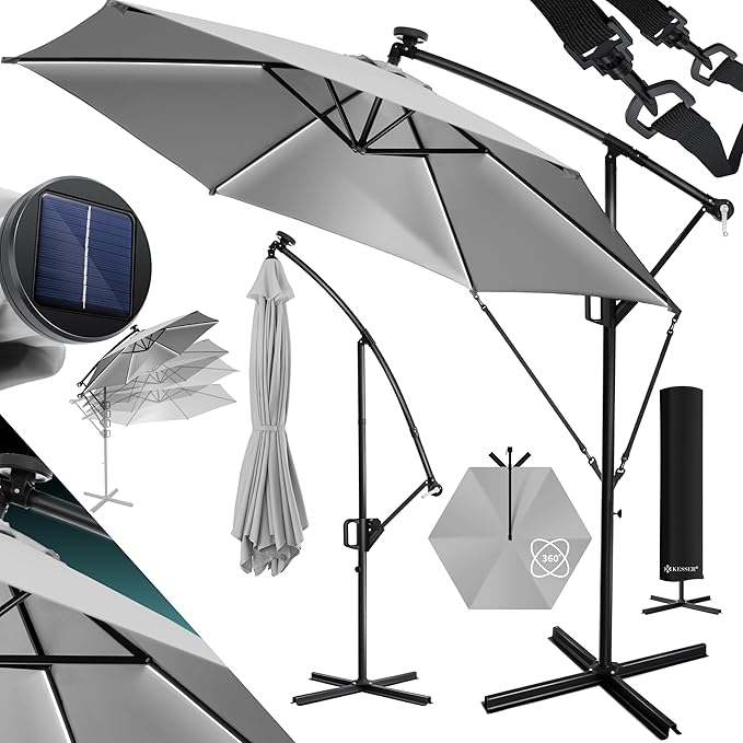 Sombrilla con luz de LED Solar Ø300 cm / Ø350 cm + Funda con Mecanismo de manivela e Interruptor on/Off protección UV Aluminio Impermeable de jardín. KESSER®