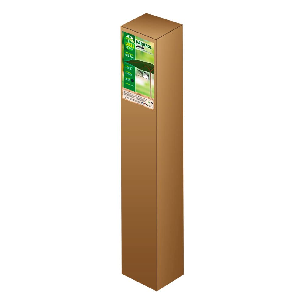 Packaging de la sombrilla de madera Aktive y lona verde sobre fondo blanco