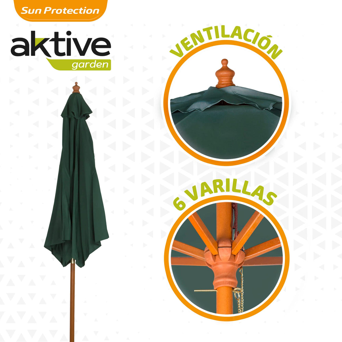 Características: ventilación, 6 varillas y sombrilla de madera Aktive verde plegada sobre fondo blanco