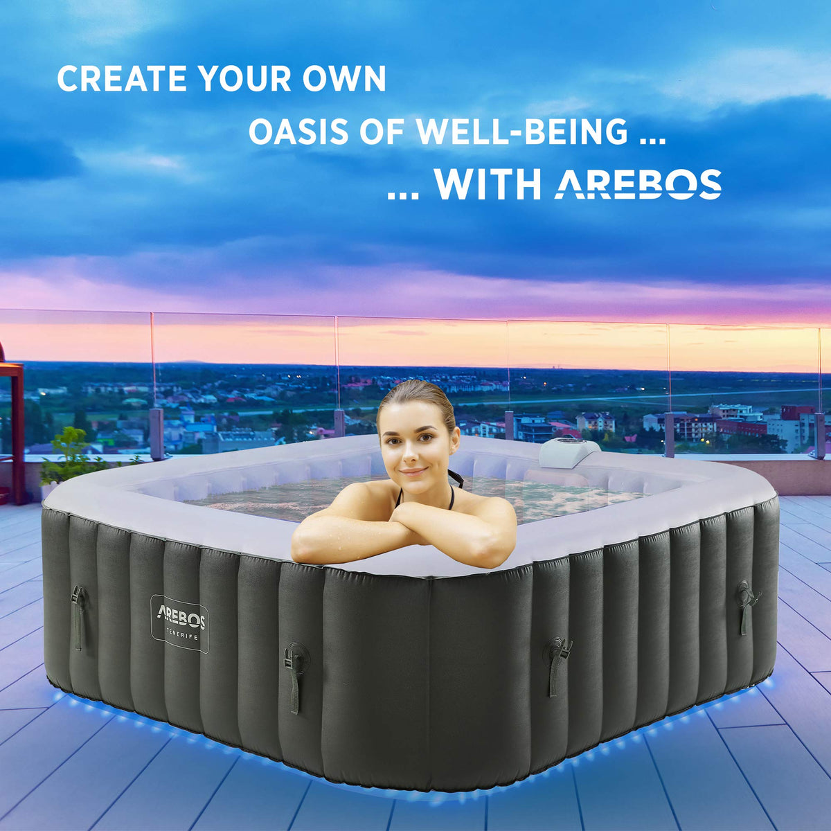 Modelo mujer en SPA Hinchable Whirlpool de 185x185cm con Cubierta y Luz LED Arebos en bonita terraza