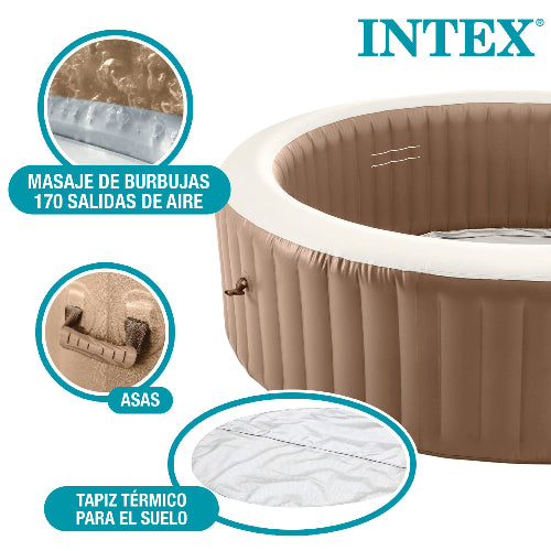 Características del spa hinchable Intex beige para 8 Personas sobre fondo blanco