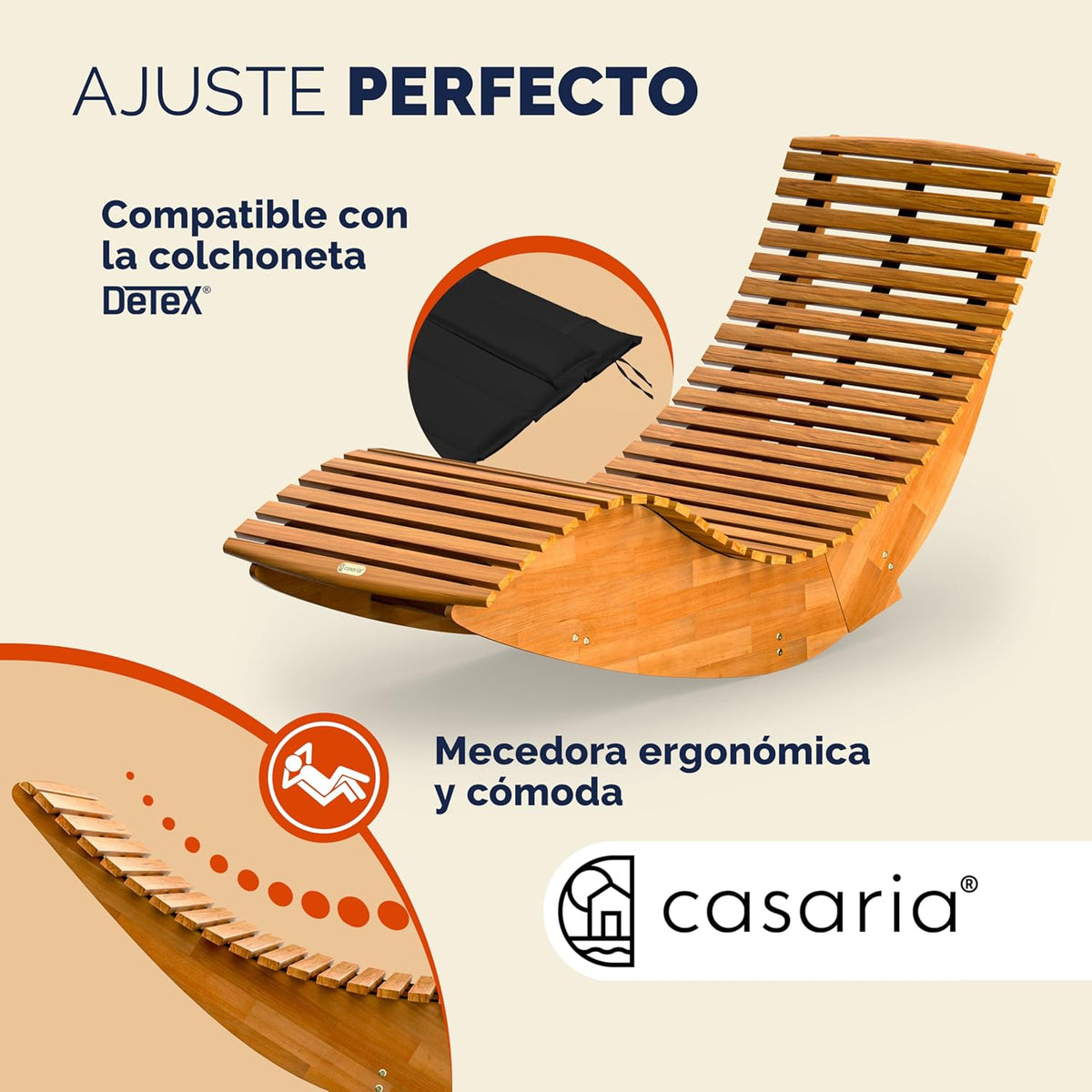 Tumbona Mecedora ergonómica para jardín en Madera de Acacia certificada FSC 150x60x93 cm. Casaria
