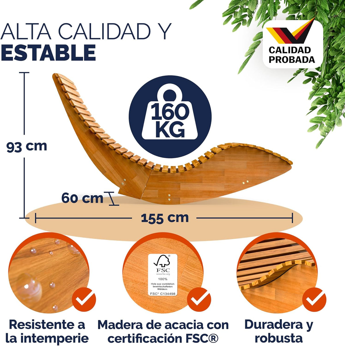 Características de la tumbona mecedora Casaria de madera certificada FSC