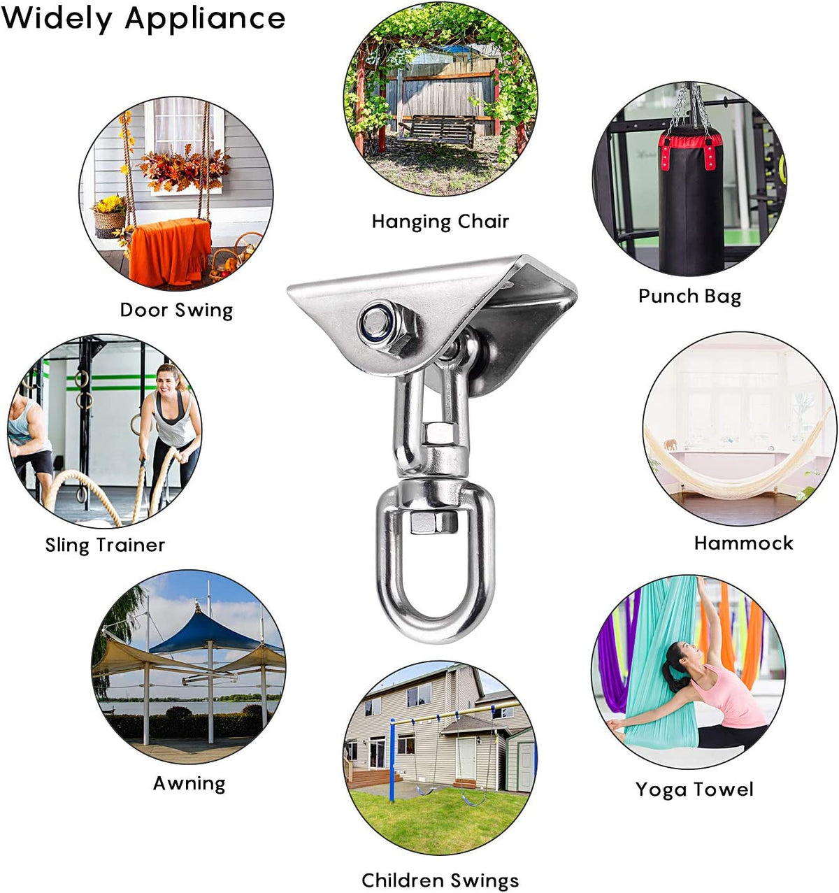 Diversidad de usos de los Ganchos de Techo hasta 500 Kg, SUS304 Stainless Steel, 360° Rotación Anclaje de Techo, 4 Tornillos para Hormigón, Hamaca y Columpios. Ulikey
