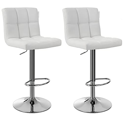 2 Taburetes para islas de cocina Regulables en Altura tapizados en Piel Sintética Blanca, Giratorio 360° con Respaldo y Reposapiés y estructura de Acero Cromado. Vista general. LJB64W. Songmics