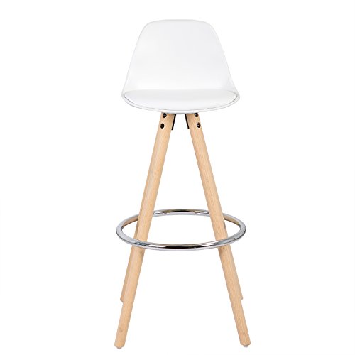 2 Taburetes de cocina con Respaldo estilo nórdico moderno, estructura de Madera Maciza, tapizado Imitación de Cuero Blanco. Vista frontal. WOLTU®