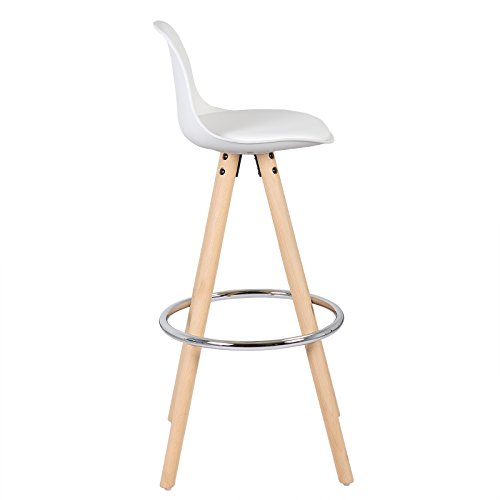 2 Taburetes de cocina con Respaldo estilo nórdico moderno, estructura de Madera Maciza, tapizado Imitación de Cuero Blanco. Vista de perfil. WOLTU®