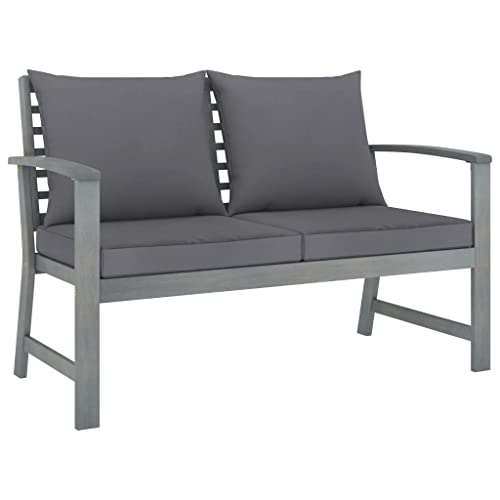 Vista general del Decorativo Banco de jardín de 120 cm con Cojines y estructura color Gris y Madera de Acacia Maciza. VidaXL