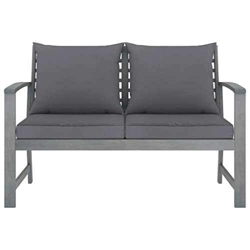 Vista frontal del Decorativo Banco de jardín de 120 cm con Cojines y estructura color Gris y Madera de Acacia Maciza. VidaXL