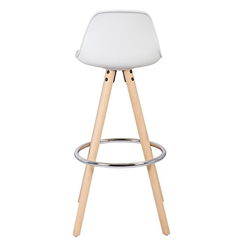 2 Taburetes de cocina con Respaldo estilo nórdico moderno, estructura de Madera Maciza, tapizado Imitación de Cuero Blanco. Vista trasera. WOLTU®