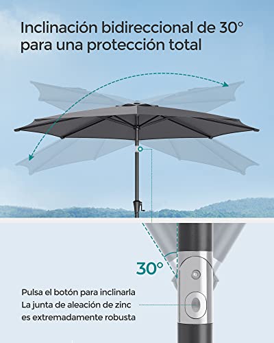 Sombrilla de Jardín 270 cm UPF 50+ Inclinación de 30° en dos Direcciones Manivela, para Patio sin Base, Gris GPU27GY - SONGMICS