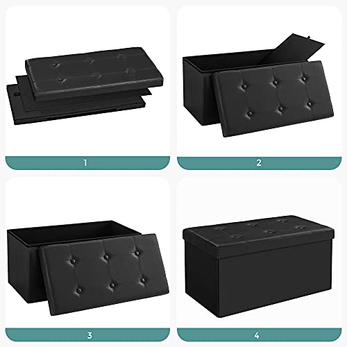 Secuencia de desplegado de Otomana Puff de Almacenaje de 80 litros y carga hasta 300 kg. Elaborado en PVC negro acolchado ideal en sala de estar, dormitorio o entrada. LSF105 de Songmics