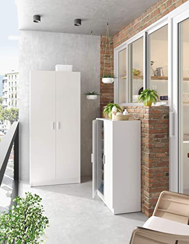 Armario Escobero Multiusos de 2 Puertas Blanco Mate, 73x180x37 cm. Habitdesign