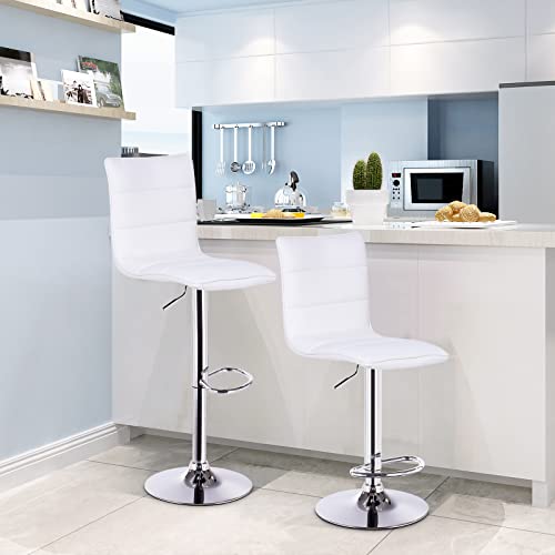 Juego de 2 Taburete Altos de Bar Regulable en Altura con Respaldo para Cocina Giratorios de Piel Sintética Blanca y estructura Cromada Vista en cocina moderna. BH15ws-2. WOLTU