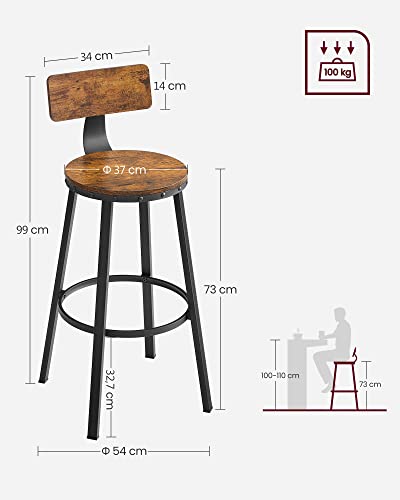 Medidas t peso soportado de Juego de 2 Taburetes Altos de cocina o sillas de Bar de 73 cm de Alto con Respaldo, estuctura de Acero, Fácil Montaje, Estilo Industrial Marrón Rústico y Negro LBC026B01V1. Vasagle