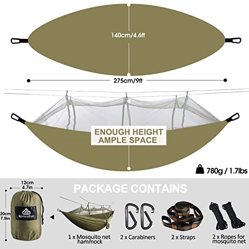 Medidas, características y set de producto de la Hamaca Ultra Ligera para Viaje y Camping con Mosquitera. Soporta 300kg, Nylon de Paracaídas de Secado Rápido Transpirable 2 x Mosquetones Premium,4 x Correas de Nylon Incluidas. NatureFun