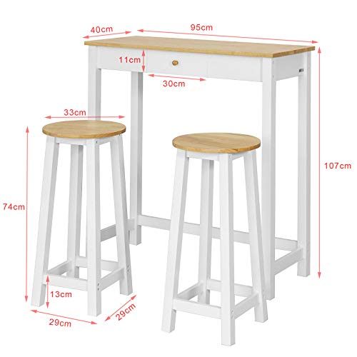 Medidas del Set de 1 Mesa Alta de Bar y 2 taburetes para Comedor o cocina FWT50-WN ES. SoBuy