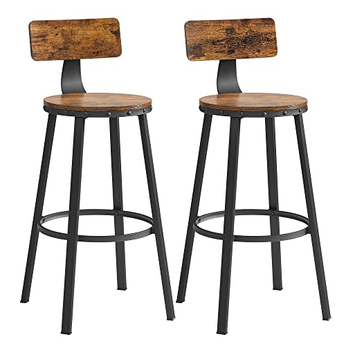 Juego de 2 Taburetes Altos de cocina o sillas de Bar de 73 cm de Alto con Respaldo, estuctura de Acero, Fácil Montaje, Estilo Industrial Marrón Rústico y Negro LBC026B01V1. Vasagle