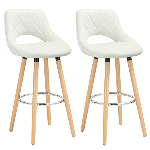 2 Taburetes Altos de Bar de Diseño con Respaldo para Cocina, estructura de Madera Maciza y tapicería Imitación de Cuero Vista general. BH111ws-2. Woltu
