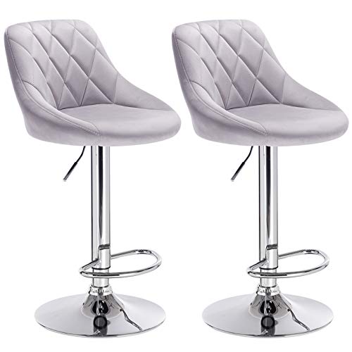 2 sillas de Barra de cocina tapizado de Terciopelo Giratorios Altura Regulable Gris Claro. Vista general. BH138hgr-2. Woltu
