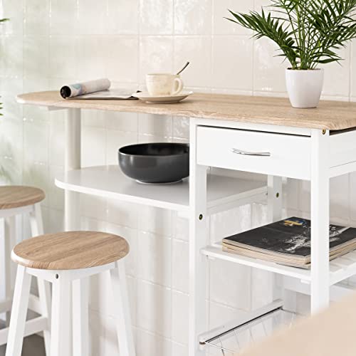Conjunto de mesa alta y 2 taburetes de madera color blanco con 1 cajón, 2 estantes, cesta extraíble y botellero para cocina . Vista en cocina - LOLAhome