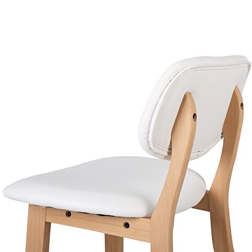 Detalle de banqueta del Juego de 2 taburetes de moderno diseño nórdico de madera acolchados con polipiel blanco para cocina. WOLTU