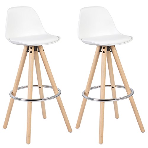 2 Taburetes de cocina con Respaldo estilo nórdico moderno, estructura de Madera Maciza, tapizado Imitación de Cuero Blanco. Vista general. WOLTU®