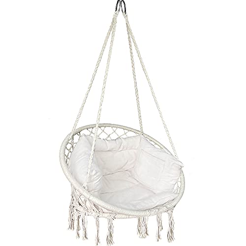 Silla Colgante de Exterior con Flecos y Cojines, Kit de Suspensión, Ø80cm para Interior y Exterior, Beige. VOUNOT