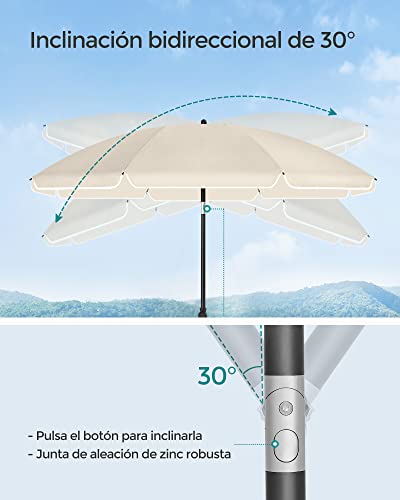 Inclinación bidireccional de 30º y detalle del botón para inclinación de la Sombrilla de playa plegable 160 cm, UPF 50+, Inclinación Bidireccional de 30°, Altura Ajustable, con Bolsa de Transporte, también para Balcón Jardín Terraza, sin Base, color Beige GPU60WTV1 - SONGMICS