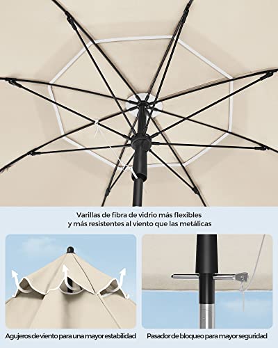 Remate central de toldo transpirable y detalle del pasador de seguridad de la Sombrilla de playa plegable 160 cm, UPF 50+, Inclinación Bidireccional de 30°, Altura Ajustable, con Bolsa de Transporte, también para Balcón Jardín Terraza, sin Base, color Beige GPU60WTV1 - SONGMICS