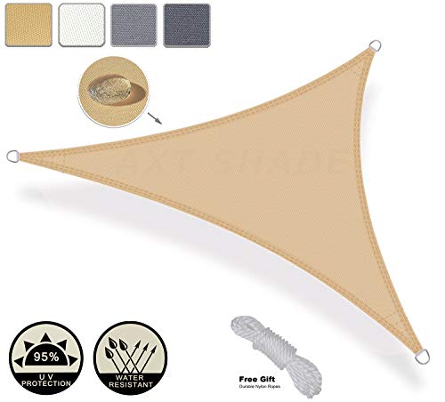Colores disponibles, características y set de producto del Toldo Vela de Sombra Triangular 3,6 x 3,6 x 3,6 m, protección Rayos UV Impermeable para Exteriores Color Arena. AXT SHADE