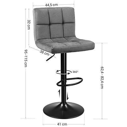 Medidas de Juego de 2 Taburetes para barra con respaldo ideales en la Cocina o el bar, tapizados de Terciopelo, Altura Ajustable Giratoria y Reposapiés, Metal, Gris Oscuro de Songmics